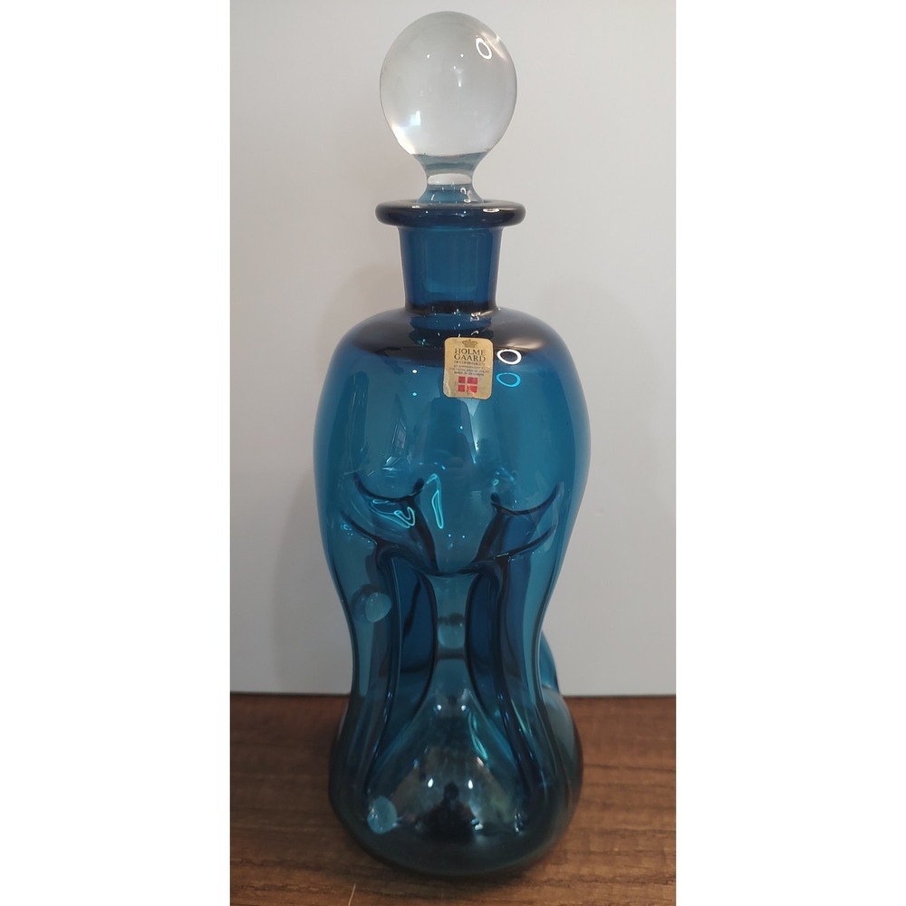 Holmegaard Blue Glass Kluk Kluk Pinched Bottle Glass Stopper MCM Danish